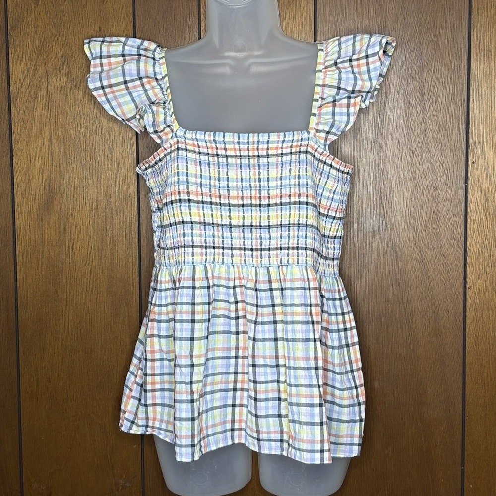 LOFT Plaid Smocked Babydoll Top Women M Ruffle Cottagecore Boho Fairy Coquette